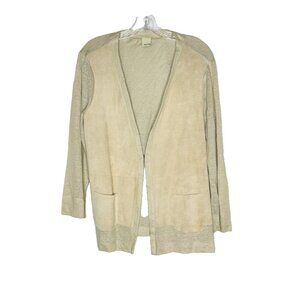 Ecru 100% Linen 100% Suede Beige Open Front Cardigan Jacket Women’s L Pocket